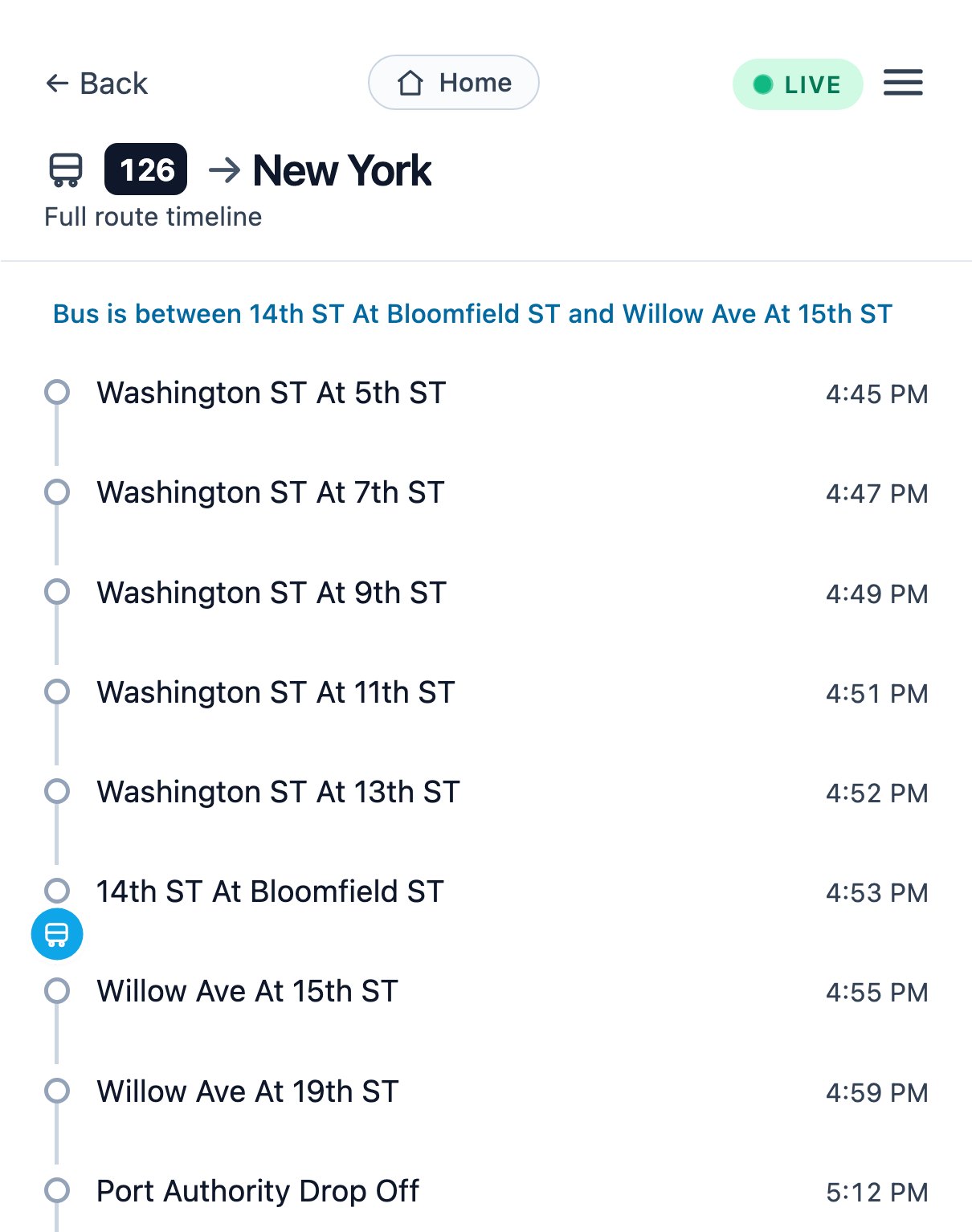 A live NJ Transit route 126 bus in RailDash, drawn on its route timeline between 14th St at Bloomfield St and Willow Ave at 15th St, with the time at each stop