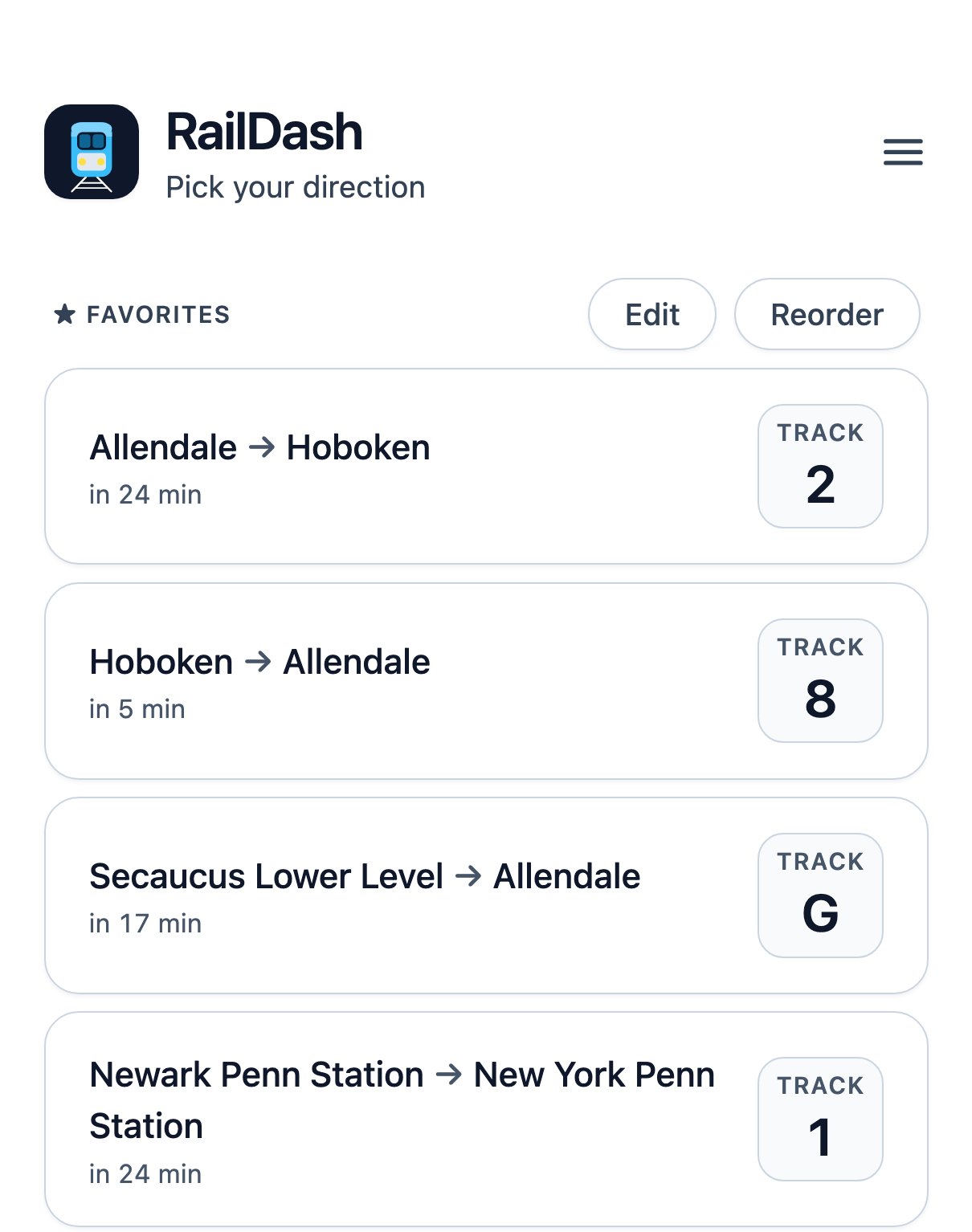 The RailDash home screen with four saved routes, each counting down to its next train and showing its track in a large box: Allendale to Hoboken on track 2, Hoboken to Allendale on track 8, Secaucus Lower Level to Allendale on track G, and Newark Penn Station to New York Penn Station on track 1