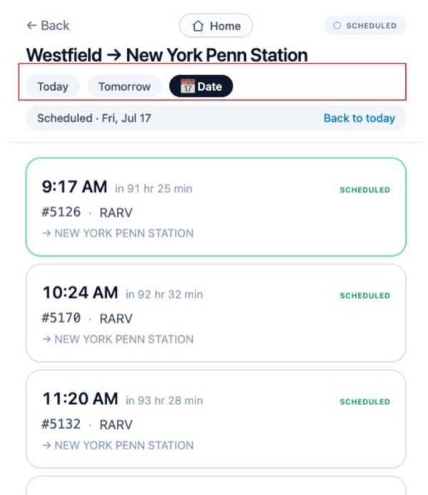 Date picker offering Today, Tomorrow, or any date, with Friday's scheduled trains from Westfield to New York Penn Station each marked Scheduled
