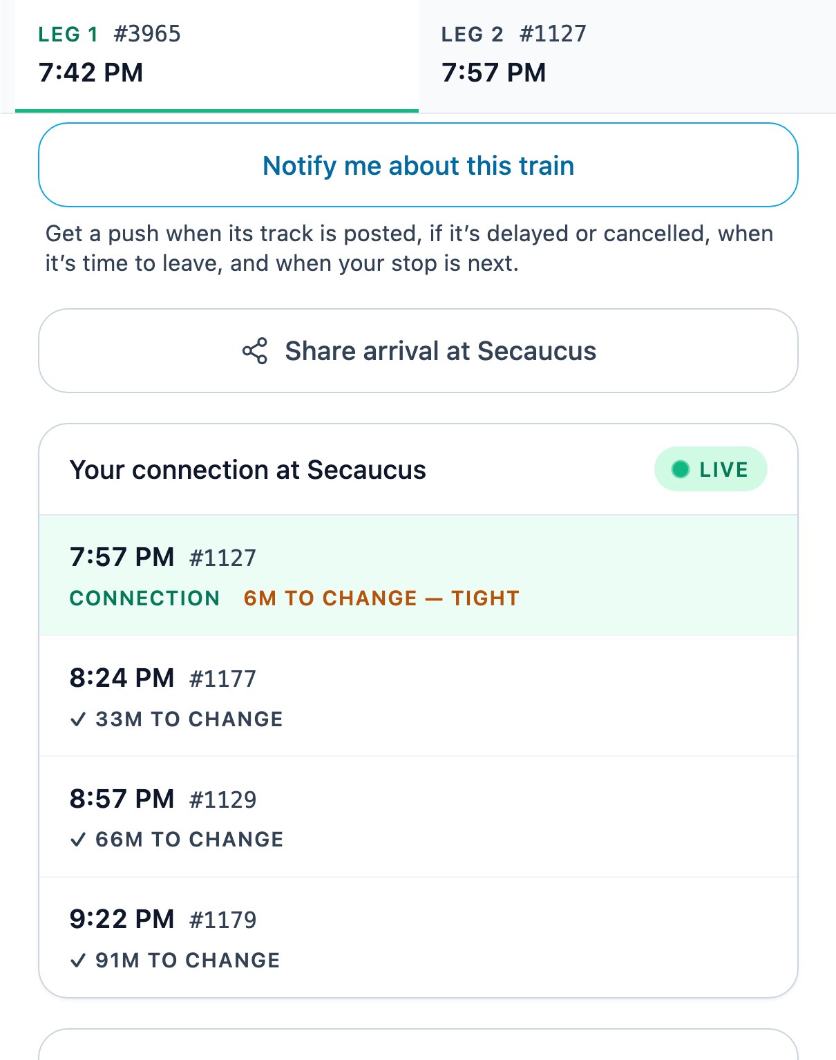 A RailDash journey from New York Penn to Allendale: Leg 1 (train 3965, 7:42 PM) and Leg 2 (train 1127, 7:57 PM) as two tabs pinned at the top, above the connection panel at Secaucus showing 6M TO CHANGE — TIGHT with later trains at 33, 66 and 91 minutes to change