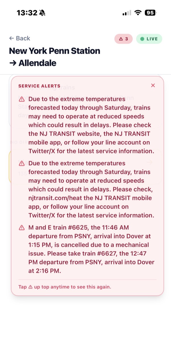 Live NJ Transit service alerts shown on the route