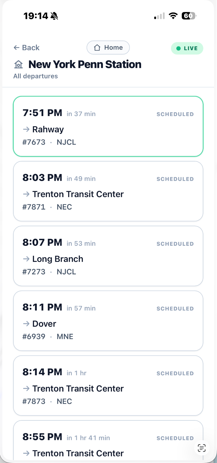 Station departure board for New York Penn Station showing every upcoming train across all lines, each with its destination, track and live status