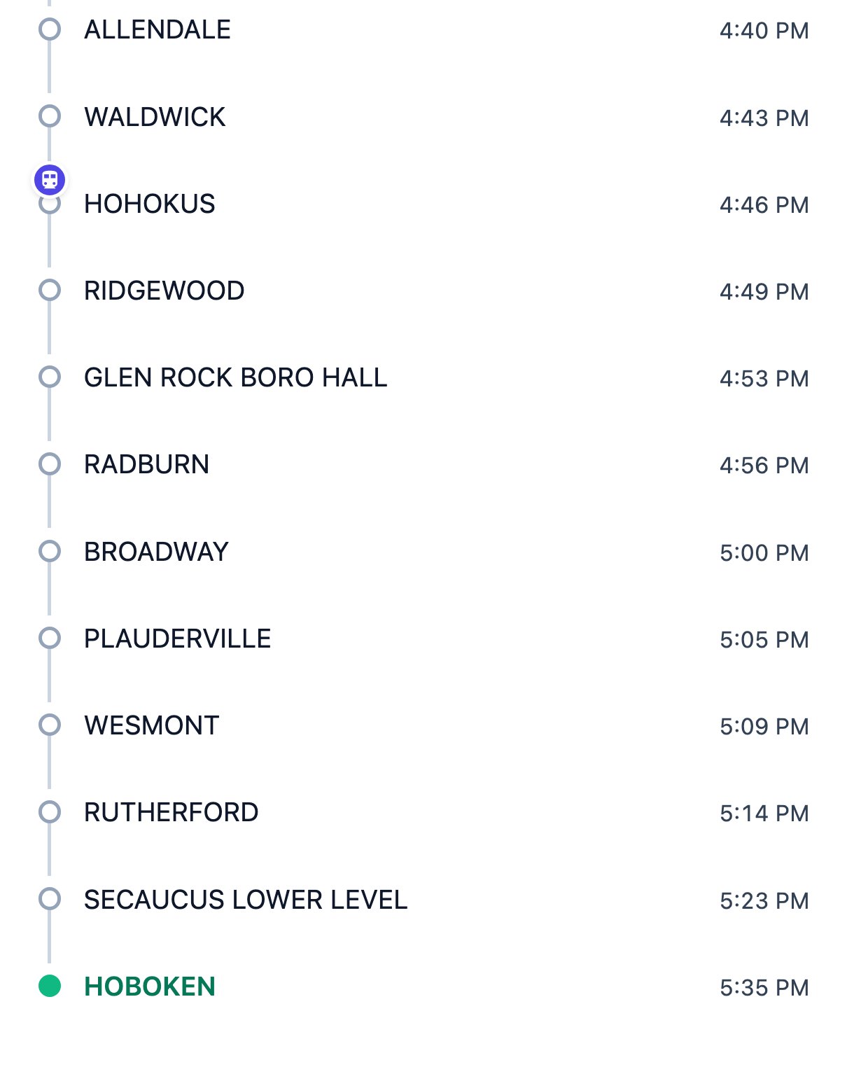 RailDash tracking live NJ Transit train 1178 to Hoboken, its marker drawn on the line at Ho-Ho-Kus, with every remaining stop through Hoboken listed