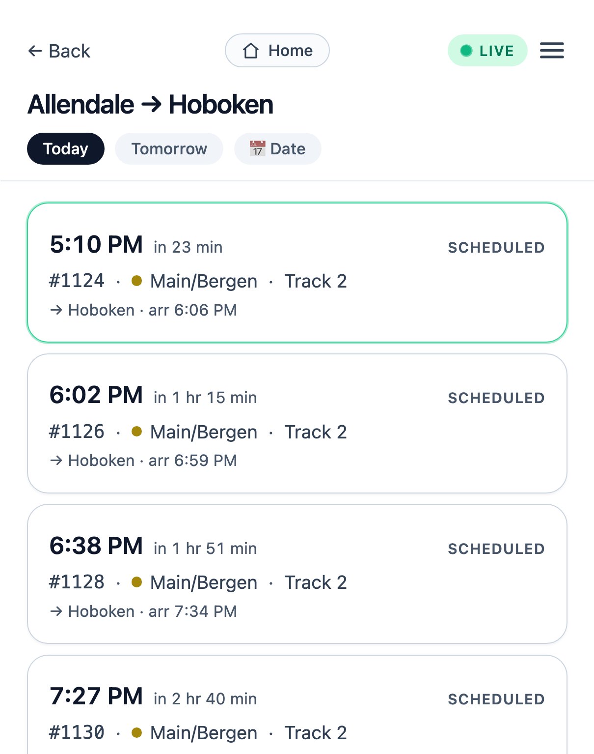 A live departure list from Allendale to Hoboken: the next train, number 1124 at 5:10 PM in 23 minutes, then the later trains, each with its Main/Bergen line, Track 2 and arrival time in Hoboken